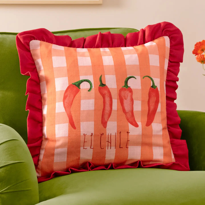 Gingham Chilli Printed Ruffle Cushion