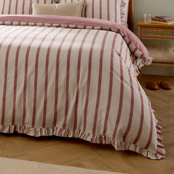 Connie Striped Ruffle Duvet Set in Clay Pink