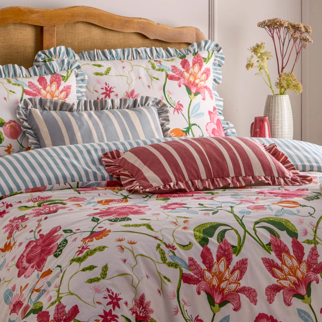 Carmon Stripe Ruffle Cushion in Linen/Red