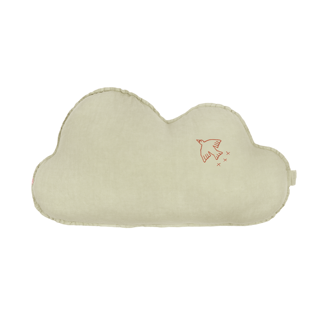 Nobodinoz Bird Embroidery Cloud Cushion in Green Matcha