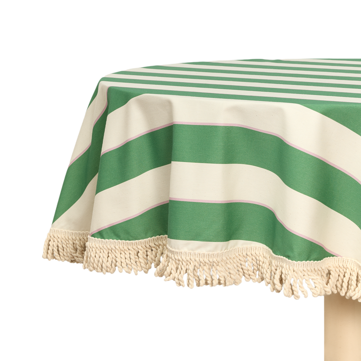 Nododinoz Sarga Round Tablecloth in Green Cabana Stripes