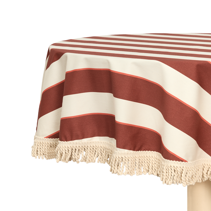 Nododinoz Sarga Round Tablecloth in Maroon Cabana Stripes