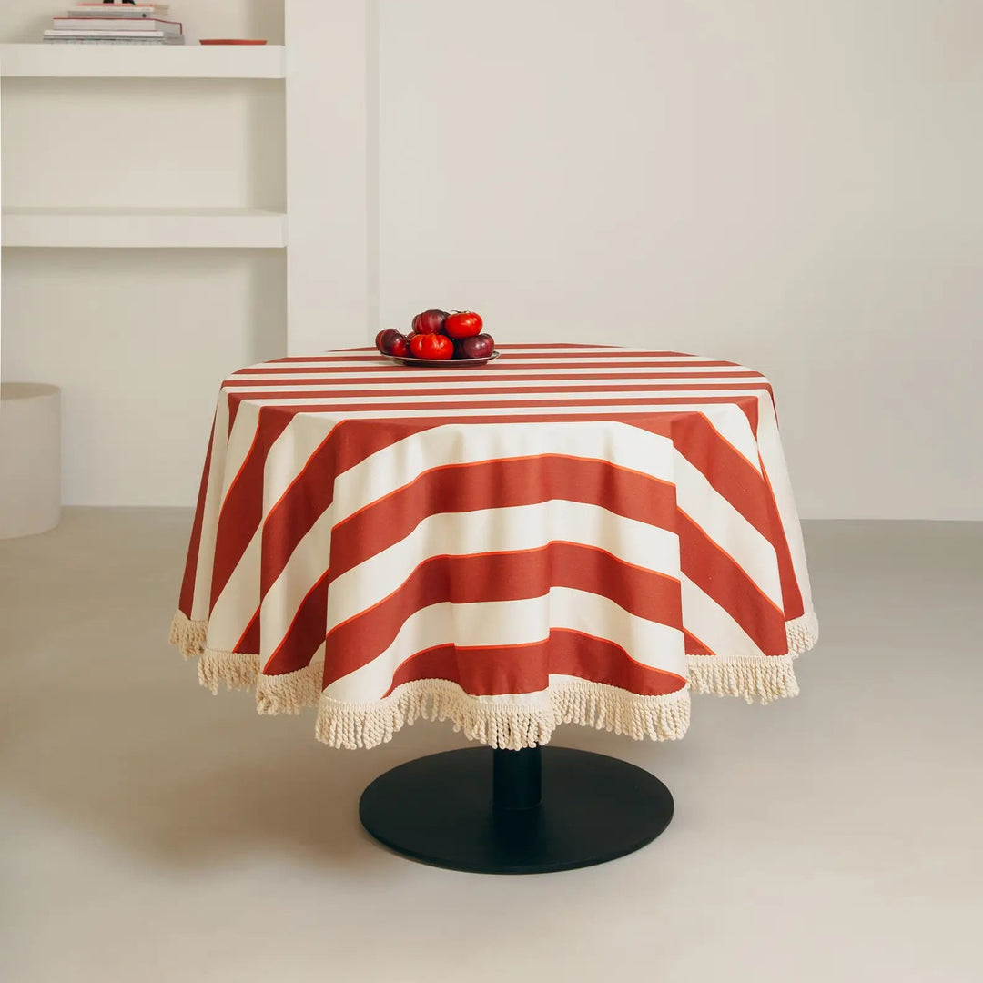 Nododinoz Sarga Round Tablecloth in Maroon Cabana Stripes