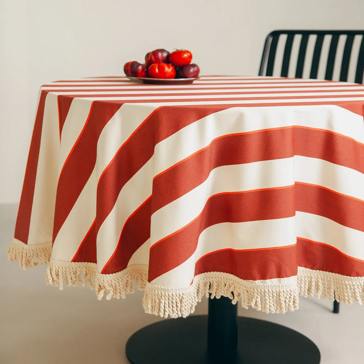 Nododinoz Sarga Round Tablecloth in Maroon Cabana Stripes