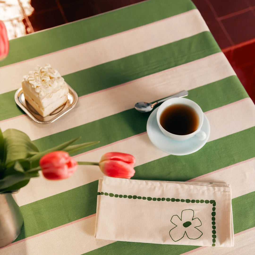 Nododinoz Sarga Tablecloth in Green Cabana Stripes
