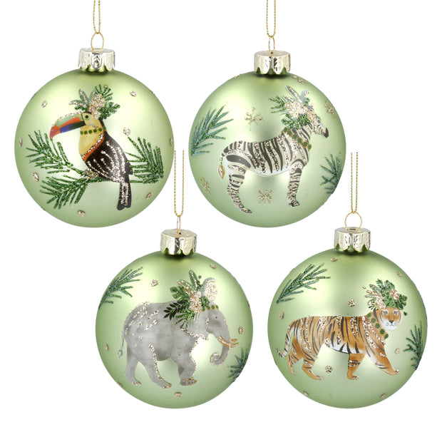Ensemble de quatre boules de Noël sur le thème de la jungle