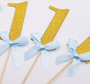 Number 1 Gold Cake Toppers With Blue Bows