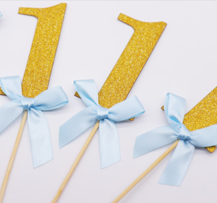 Number 1 Gold Cake Toppers With Blue Bows