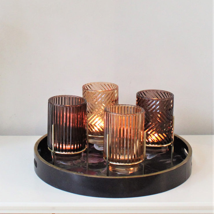 Set Of 4 Ribbed Amber Tealight Holders