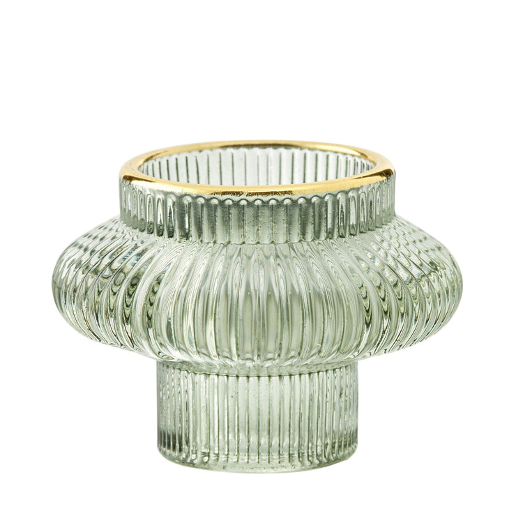 2 in 1 Ribbed Glass Candle Holder / Iceberg Green