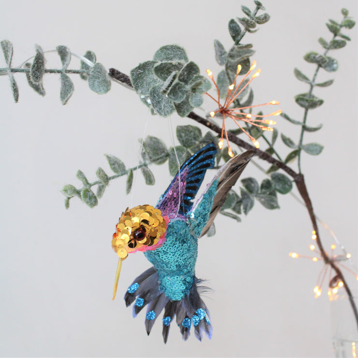 Ensemble de trois décorations de colibri à paillettes