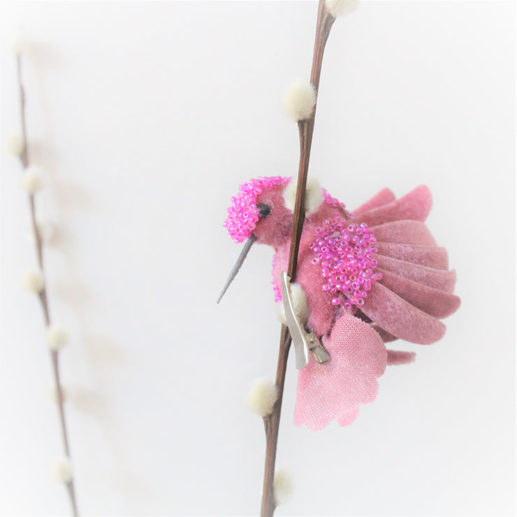 Décorations à clipser en forme de colibri rose et perlé