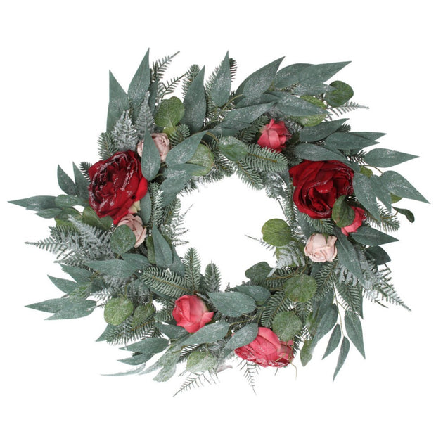 Couronne d'eucalyptus et de roses rouges