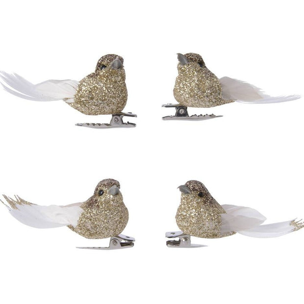 Ensemble de quatre décorations d'oiseaux à clipser et à paillettes