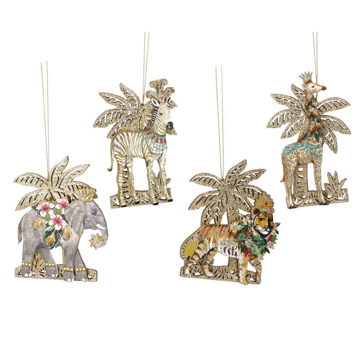 Ensemble de quatre décorations de Noël exotiques en forme de palmier à paillettes dorées