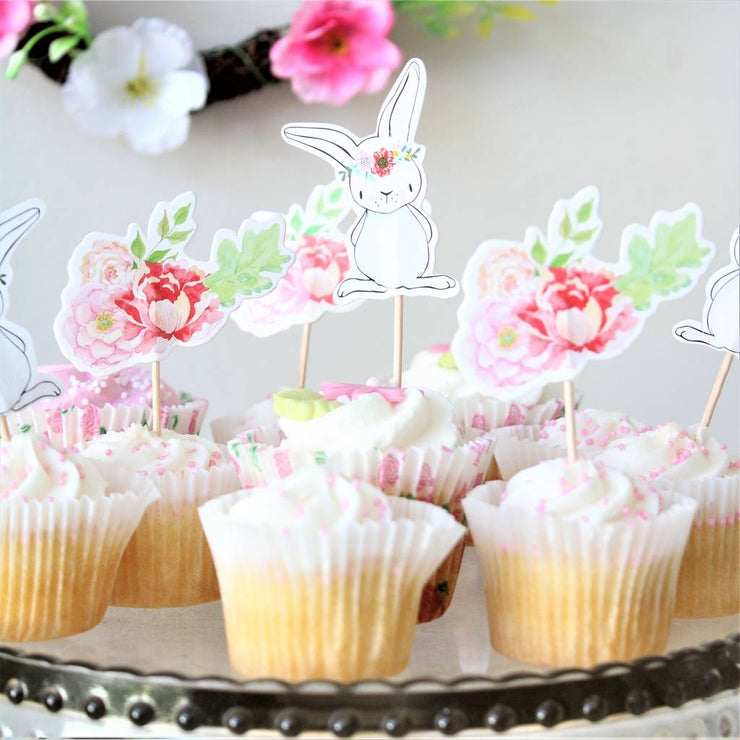 Pack of 12 Floral Rabbit And Flower Cake Toppers