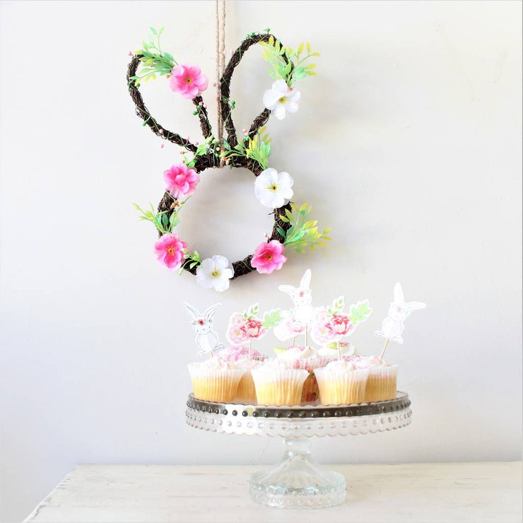 Lot de 12 décorations de gâteau florales en forme de lapin et de fleurs.