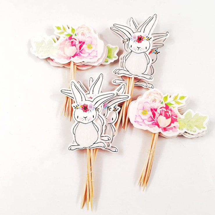 Pack of 12 Floral Rabbit And Flower Cake Toppers